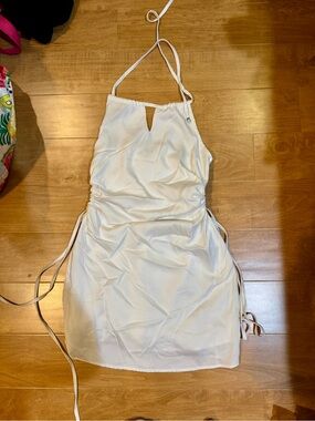White Ruched Cutout Halter Mini Dress with Side Tie